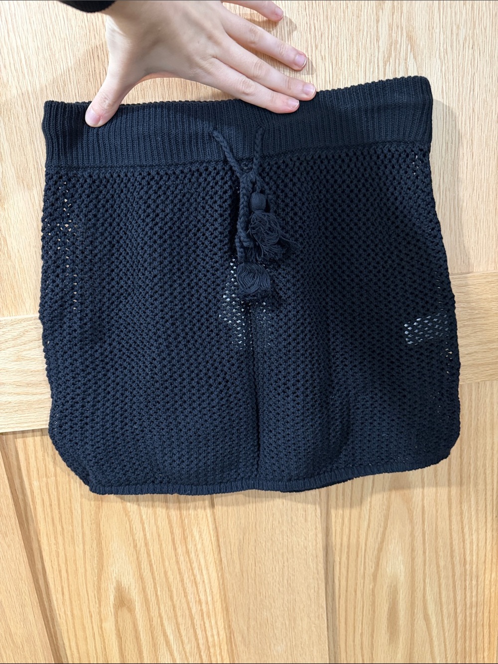 L*Space Black Open-Knit Mini Skirt Coverup with Drawstring